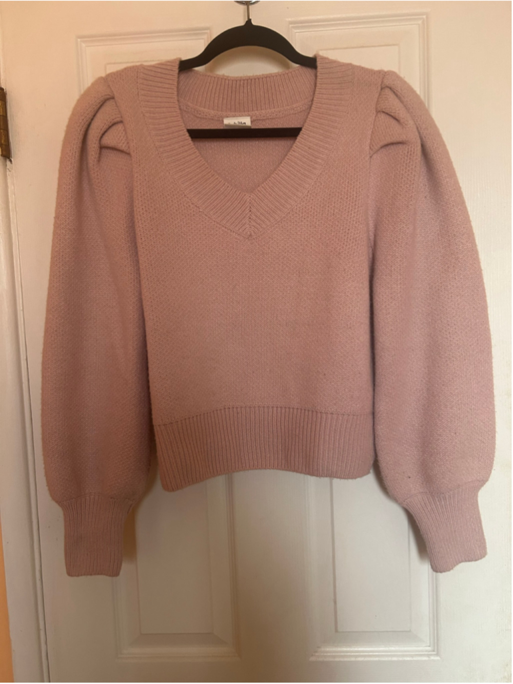 Women's Sybilla Pink V-Neck Puff Sleeve Sweater Size L